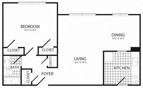 Floor plan for 1 bed, 1 bath, 745 sqft